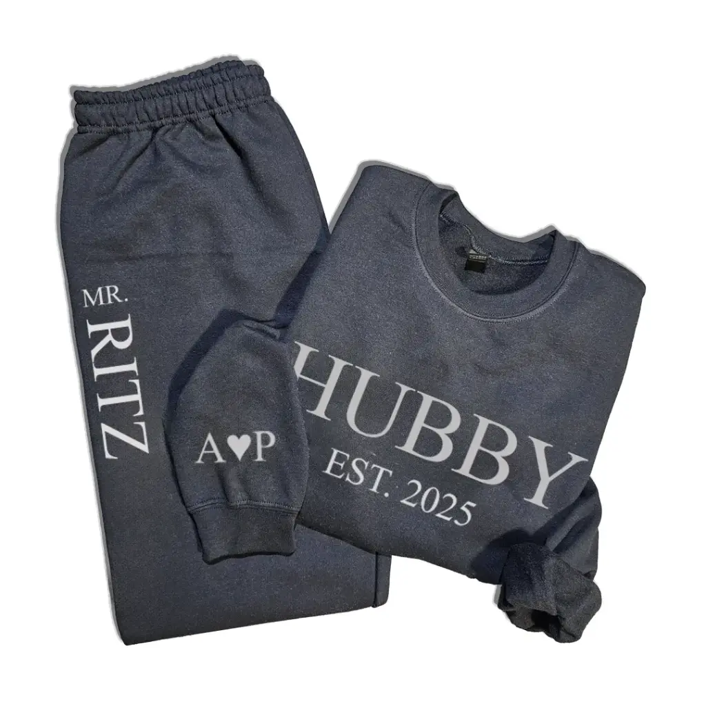 Personalized Embossed Puff HUBBY Sweatshirt & Joggers B&W SetPersonalized Embossed Puff HUBBY Sweatshirt & Joggers Set Contrast