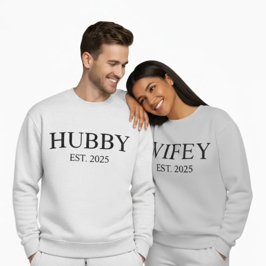 Personalized Embossed WIFEY/HUBBY Sweatshirt B&W Bundle