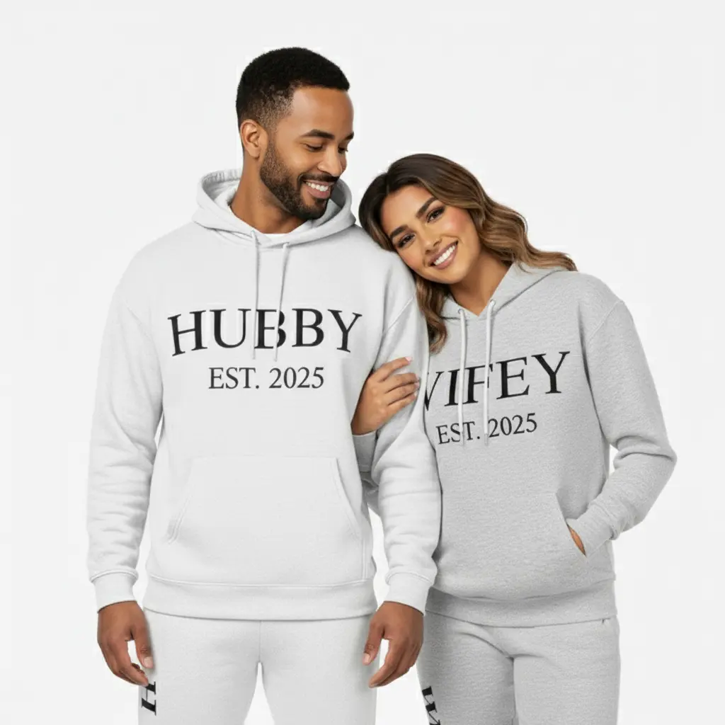 Personalized Embossed WIFEY/HUBBY Hoodie B&W Bundle