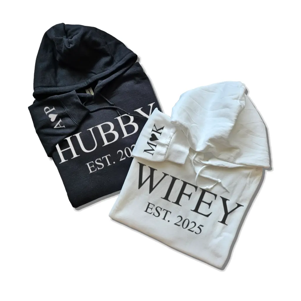 Personalized Embossed WIFEY/HUBBY Hoodie B&W Bundle