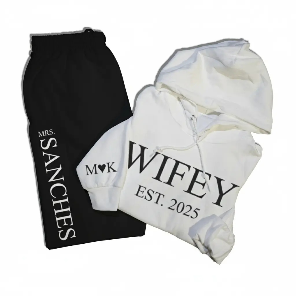 Personalized Embossed Puff WIFEY Hoodie & Joggers B&W Set