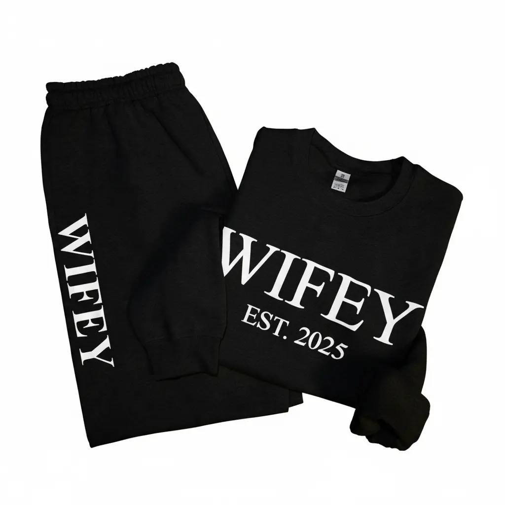 Personalized Embossed Puff WIFEY Sweatshirt & Joggers Set Contrast
