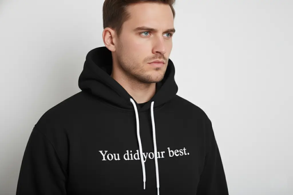 "You did your best." Embossed Puff Untold Hoodie on model