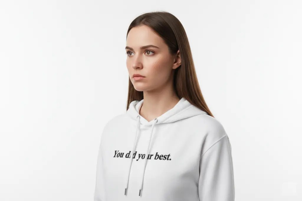 "You did your best." Embossed Puff Untold Hoodie on model